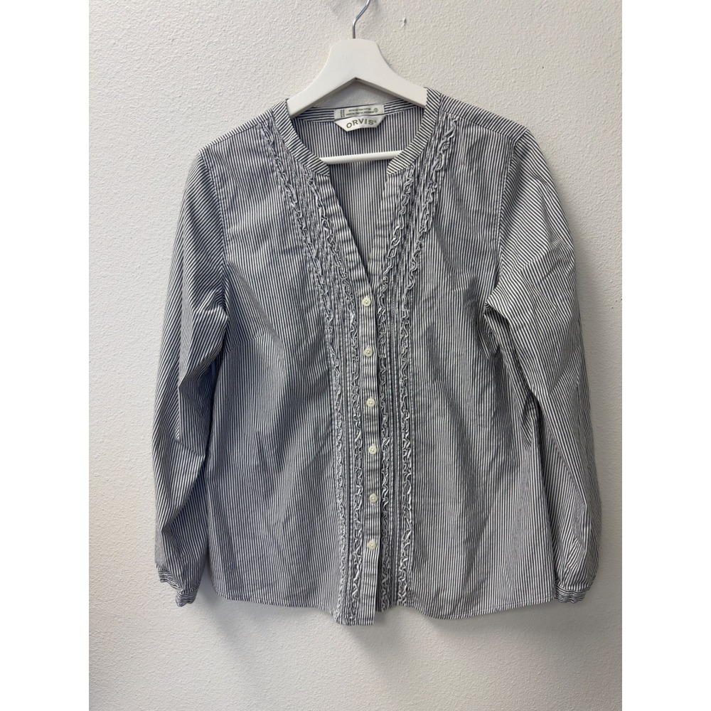 Orvis Pinstripe Ruffle Trim Button Up Blouse Navy Blue White 12 Coastal Grandma
